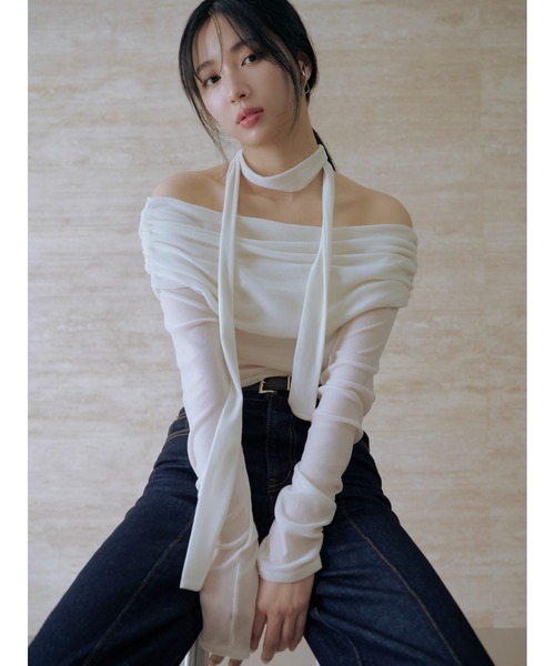 tシャツ オフショルフロッキーチュールトップス レディース