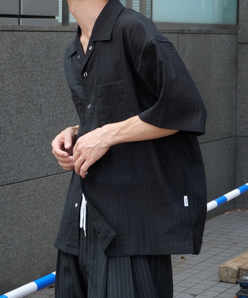 美品＊メフウ シアー ポンポン ドット柄 半袖 シャツ 黒 ゆったり 日本製 Perushu シャツ 半袖 オープンカラー楊柳ドットボタンシアーシャツ