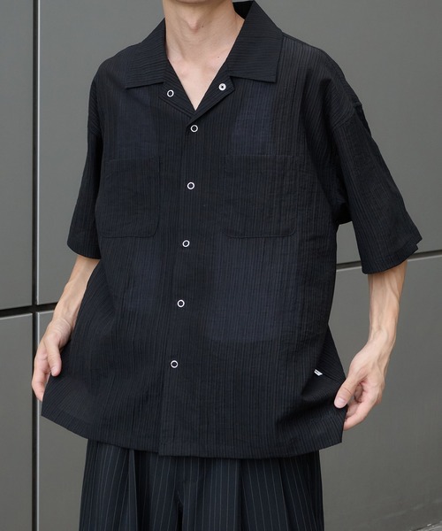 美品＊メフウ シアー ポンポン ドット柄 半袖 シャツ 黒 ゆったり 日本製 Perushu シャツ オープンカラー楊柳ドットボタンシアーシャツ メンズ