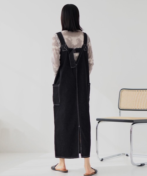 ブラックロングサロペット レトロ ロングラン サロペットパンツ オーバーオール 黒 韓国