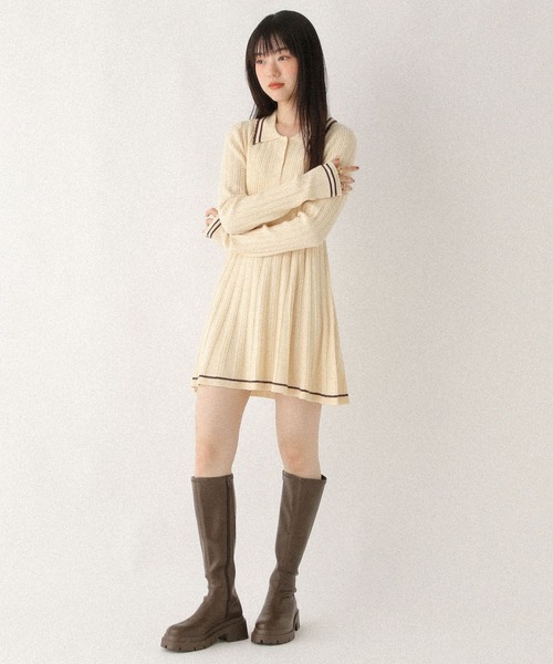 Heather（ヘザー） ワンピース スカラップポロニットミニワンピース