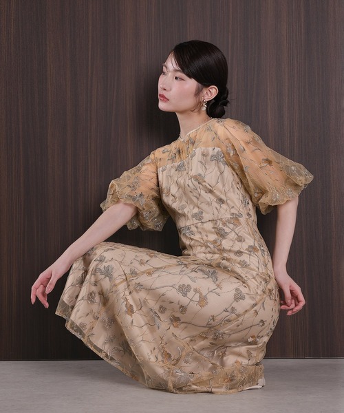 Kana ドレス パフスリーブ 花柄刺繍レースチュールAラインワンピース