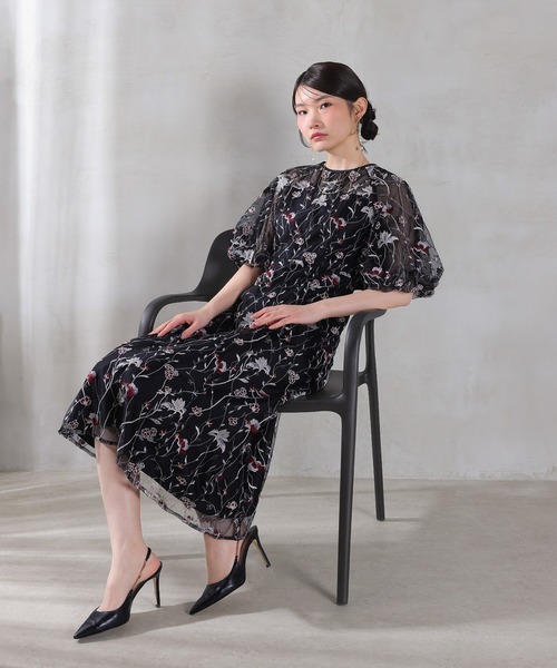 Kana ドレス パフスリーブ 花柄刺繍レースチュールAラインワンピース