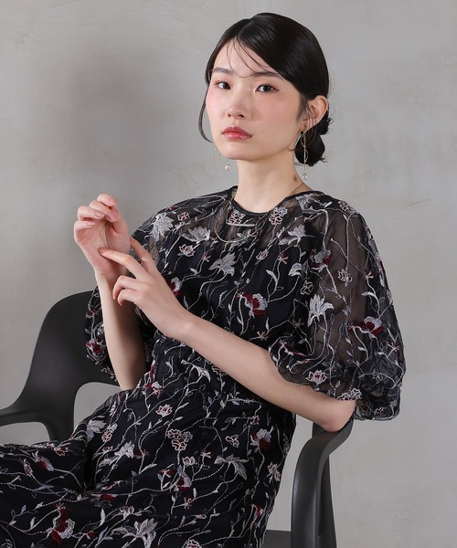 Kana ドレス パフスリーブ 花柄刺繍レースチュールAラインワンピース