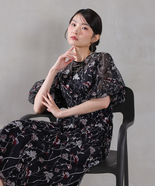 Kana ドレス パフスリーブ 花柄刺繍レースチュールAラインワンピース