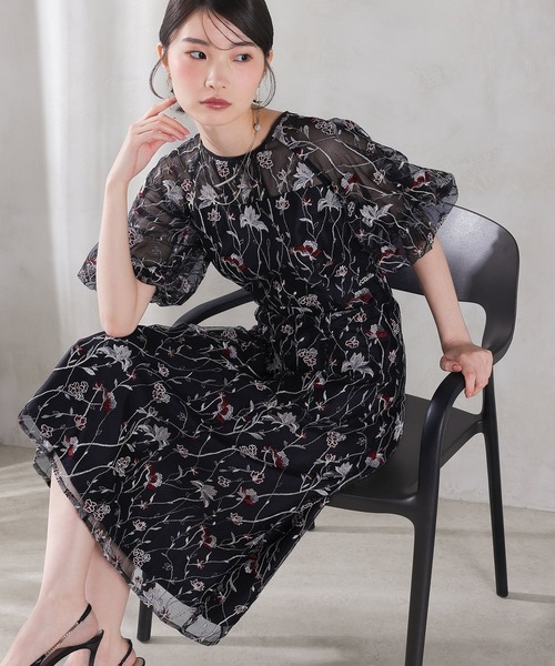 Kana ドレス パフスリーブ 花柄刺繍レースチュールAラインワンピース