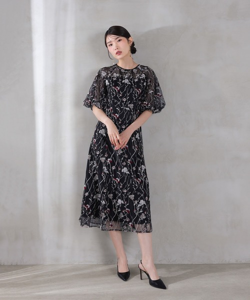 Kana ドレス パフスリーブ 花柄刺繍レースチュールAラインワンピース
