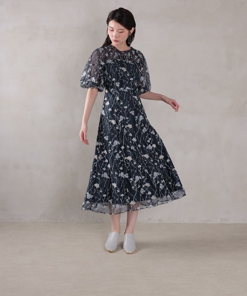 Kana ドレス パフスリーブ 花柄刺繍レースチュールAラインワンピース