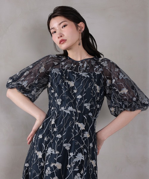 Kana ドレス パフスリーブ 花柄刺繍レースチュールAラインワンピース