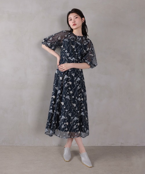 Kana ドレス パフスリーブ 花柄刺繍レースチュールAラインワンピース