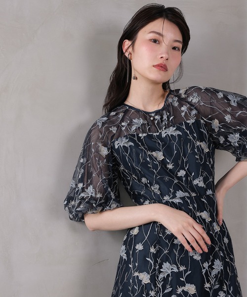 Kana ドレス パフスリーブ 花柄刺繍レースチュールAラインワンピース