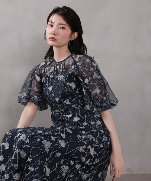 Kana ドレス パフスリーブ 花柄刺繍レースチュールAラインワンピース Kana ドレス パフスリーブ 花柄刺繍レースチュールAラインワンピース