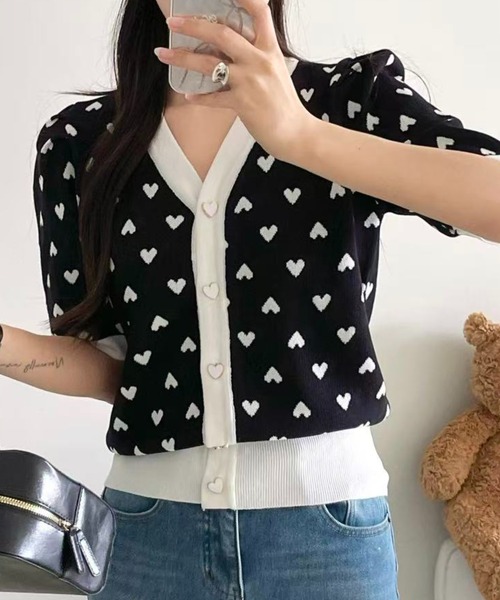 Ada. tシャツ 半袖 「Mellfy」ハートドット 配色 半袖 ニット トップス