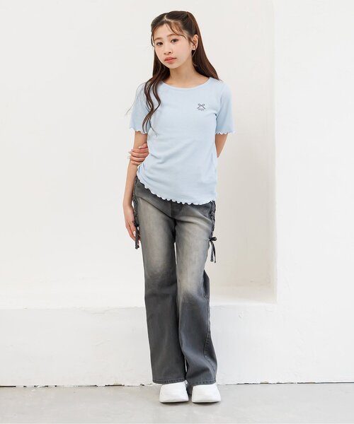 パンツ レースアップデニムフレアパンツ キッズ 子供服 女の子の画像