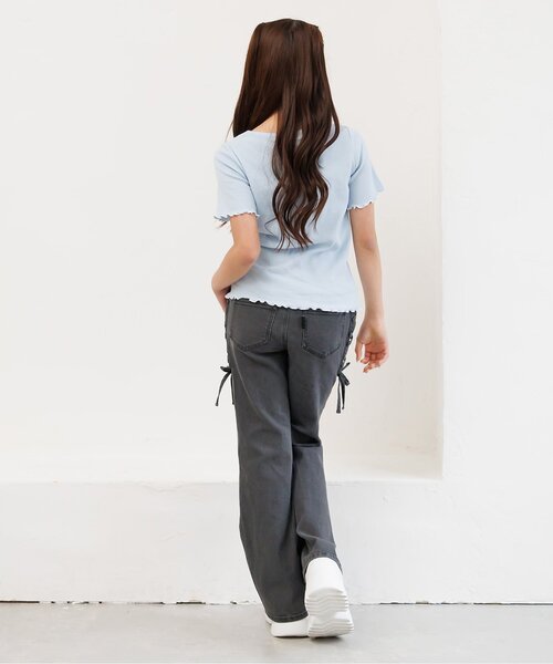 パンツ レースアップデニムフレアパンツ キッズ 子供服 女の子の画像