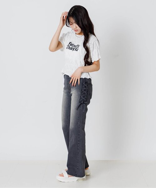 パンツ レースアップデニムフレアパンツ キッズ 子供服 女の子の画像