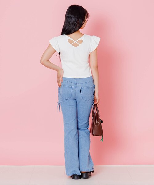 パンツ レースアップデニムフレアパンツ キッズ 子供服 女の子の画像