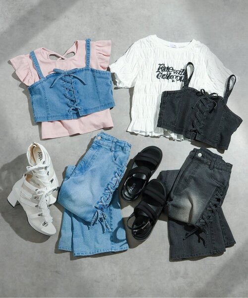 パンツ レースアップデニムフレアパンツ キッズ 子供服 女の子の画像