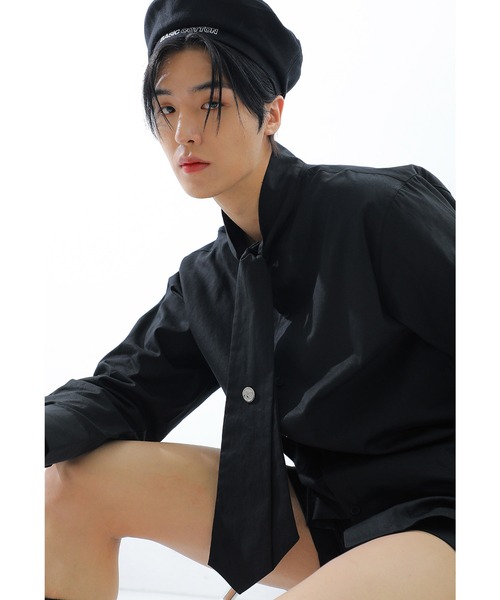 ブラウス シャツ A'GEM/9 × .kom「BASIC COTTON/ベーシックコットン」タイデザイン長袖シャツ レディース メンズ