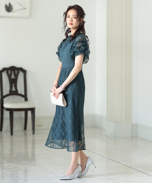 美品◆PourVous マーメイドパーティドレスMお呼ばれ 結婚式 オケージョン 袖あり&ミモレ丈 パーティードレス マーメイドラインお呼ばれ