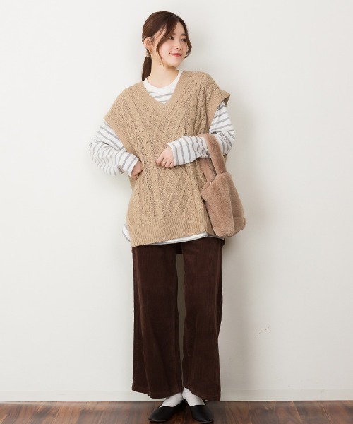 ベスト ジレ atONE ケーブル編みＶネックベスト レディース ベスト ジレ Vネックフリルチュールベスト レディース