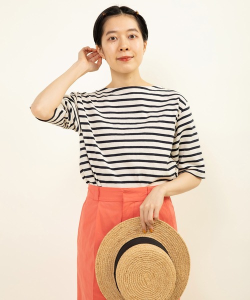 tシャツ ボーダー配色5分袖プルオーバー レディース AMBIDEX Store △ボーダー配色バインダー 5分袖BIG Tシャツ(F