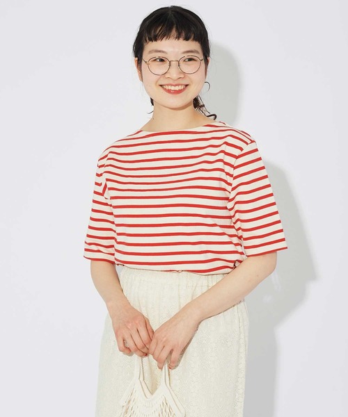 CHILD WOMAN tシャツ 空紡糸ボーダー チェリー刺繍5分袖プル