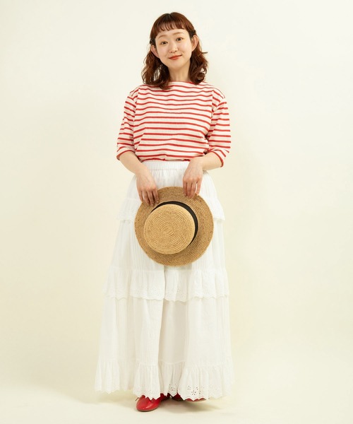 CHILD WOMAN tシャツ 空紡糸ボーダー チェリー刺繍5分袖プル
