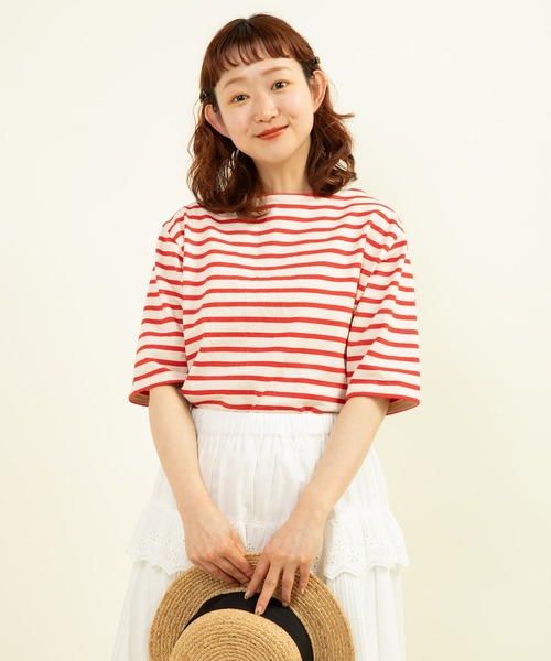 CHILD WOMAN tシャツ 空紡糸ボーダー チェリー刺繍5分袖プル