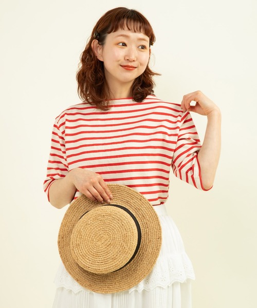 CHILD WOMAN tシャツ 空紡糸ボーダー チェリー刺繍5分袖プル