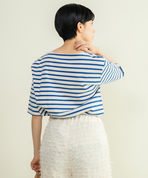 CHILD WOMAN tシャツ 空紡糸ボーダー チェリー刺繍5分袖プル