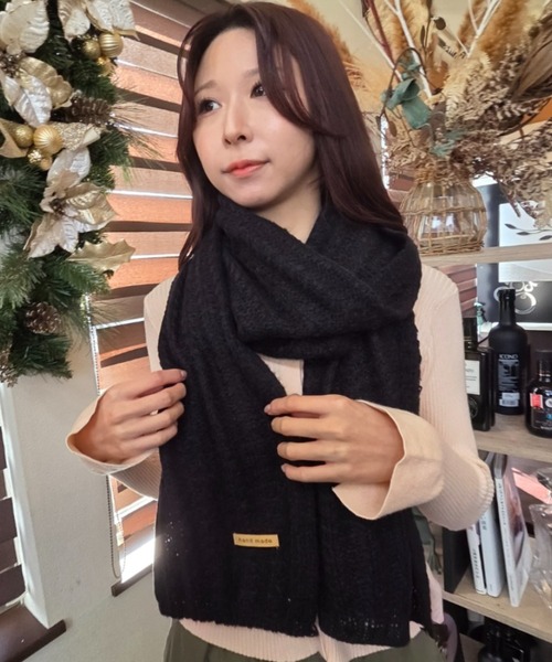フェザー装飾付き ブラックニットマフラー マフラー ストール ワッフルニットマフラー レディース : ZOZOTOWN