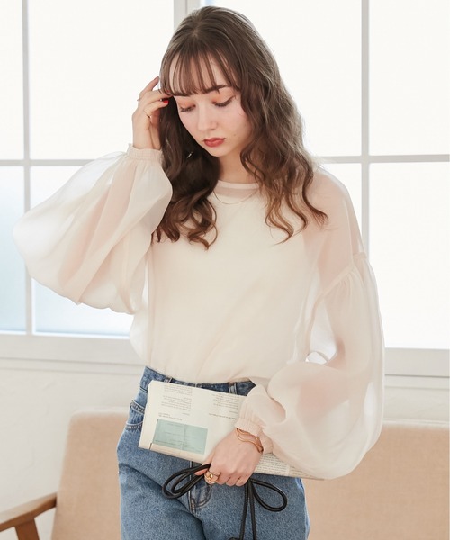 ブラウス シャツ シアースリーブギャザーBL/シャツ レディース ANGIE ブラウス シャツ ギャザー バルーンスリーブ シアー