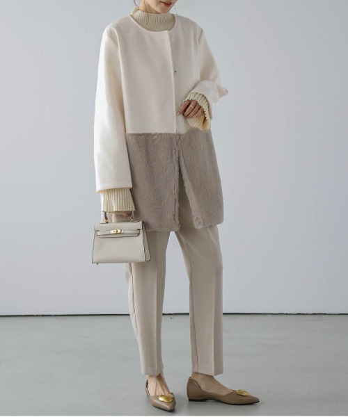 ダウンコート ダウンジャケット エコファーノーカラーコート レディース