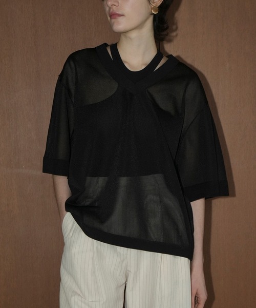 CLANE ブラック 半袖ニット CLANE（クラネ） ニット セーター SHEER V NECK KNIT TOPS レディース