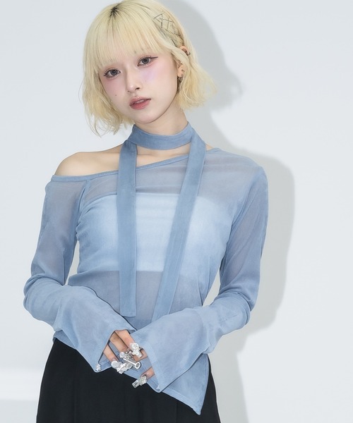 tシャツ タイ付きシアーベロアオフショルトップス レディース