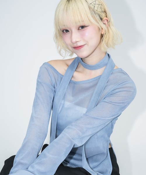 tシャツ タイ付きシアーベロアオフショルトップス レディース 17HR tシャツ タイ付きシアーベロアオフショルトップス