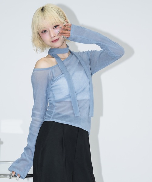 tシャツ タイ付きシアーベロアオフショルトップス レディース 17HR tシャツ タイ付きシアーベロアオフショルトップス