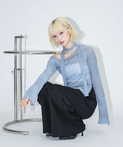 17HR tシャツ タイ付きシアーベロアオフショルトップス