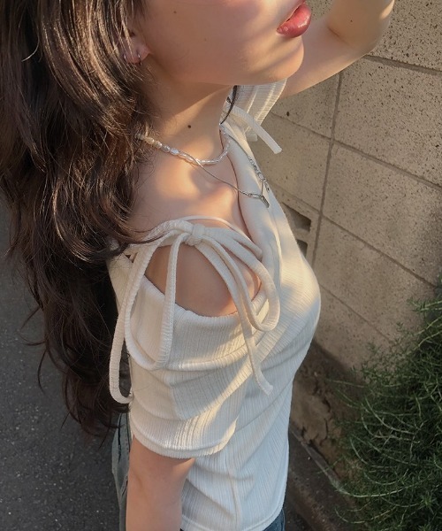 anyonemore tシャツ オフショルダーリボン半袖リブTシャツ