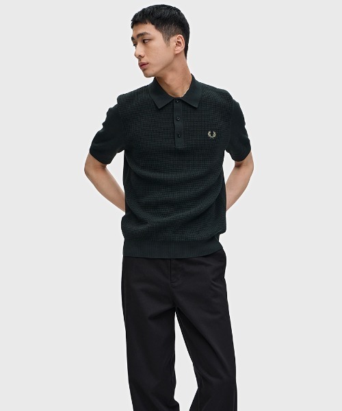 【希少】FRED PERRY フレッドペリー ワッフルニット 編みポロシャツ Waffle Stitch Knitted Polo Shirt(S Q20：NIGHT GREEN): | FRED