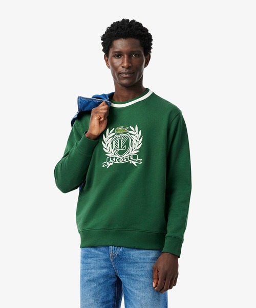 【グリーン】裏パイル ハンドステッチ風ヴィンテージ フレンチグラフィックステッチ スウェットプルオーバー LACOSTE（ラコステ） トレーナー スウェット 裏パイル ハンドステッチ