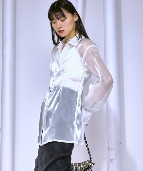 Ezick ブラウス シャツ Waist tuck design 光沢シアーシャツ