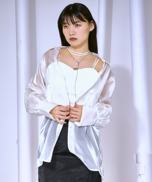 Ezick ブラウス シャツ Waist tuck design 光沢シアーシャツ