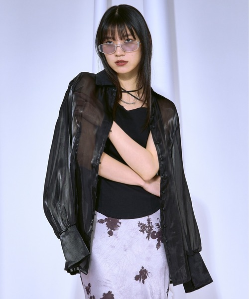 Ezick ブラウス シャツ Waist tuck design 光沢シアーシャツ