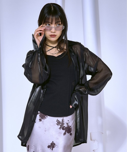 Ezick ブラウス シャツ Waist tuck design 光沢シアーシャツ