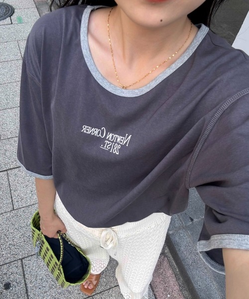 tシャツ シアー リンガーロゴTシャツ レディース CIAOPANIC TYPY tシャツ シアースラブロゴ刺繍リンガーTee