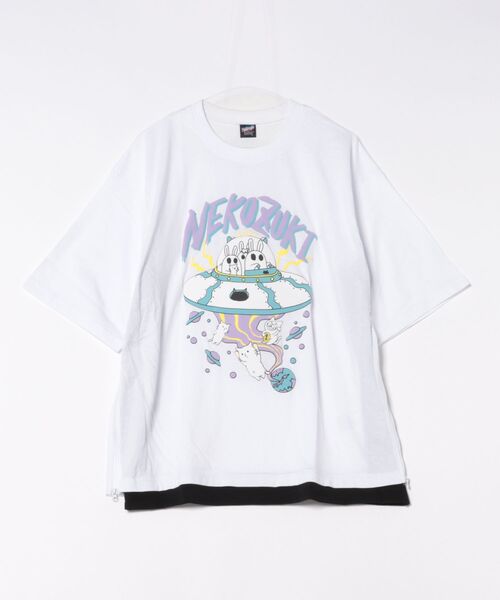 tシャツ 352120：ネコ好きおばけうさぎUFO柄Tシャツ レディース メンズ