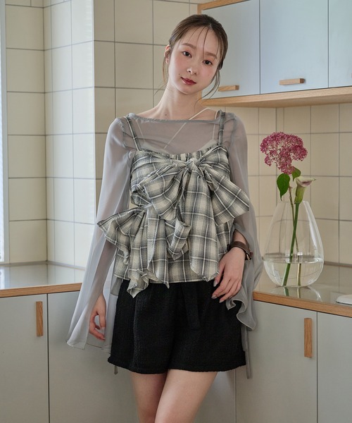 mideal キャミソール ombre check double ribbon bustier