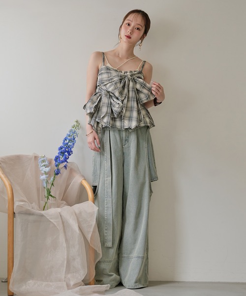 キャミソール ombre check double ribbon  bustier / オンブレチェックダブルリボンビスチェ mideal キャミソール ombre check double ribbon bustier
